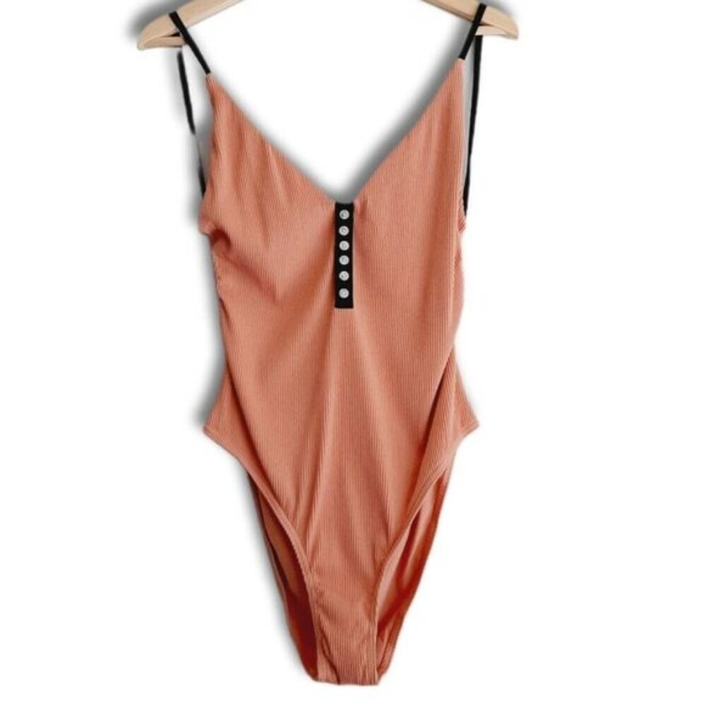 TOPSHOP Ribbed Plunge V-Neck Button Detail Swimsuit Nude One Piece Sz 10